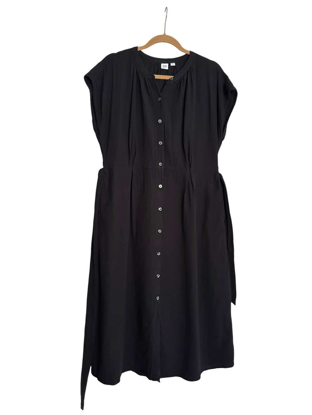 GAP Black 100% Cotton Crinkle Gauze Midi Shirtdress Casual Tie Waist Size Medium - Picture 9 of 13
